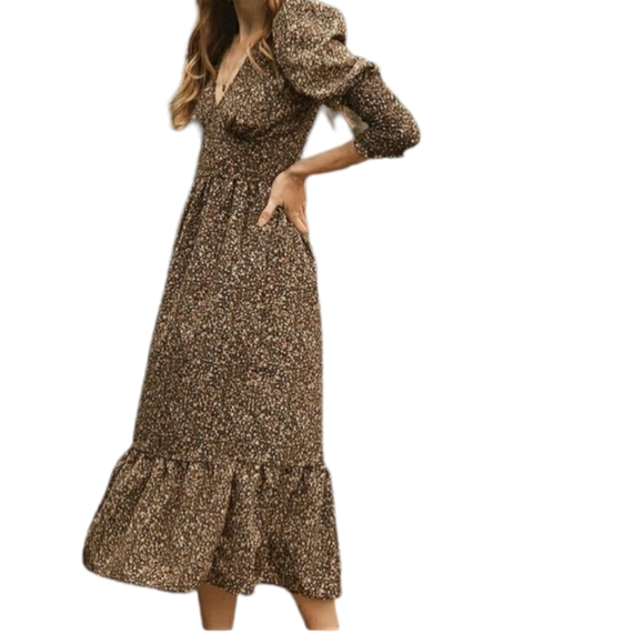 Les femmes vetiver  brown cottage  coremidi floral dress lemon print  si… - Picture 1 of 16